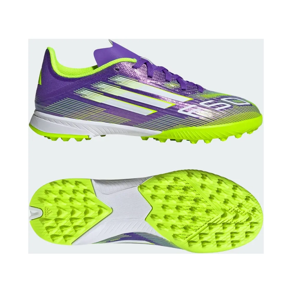 adidas F50 League Turf Boots Kids “Purple Rush / Cloud White / Lucid Lemon” (JI0000)