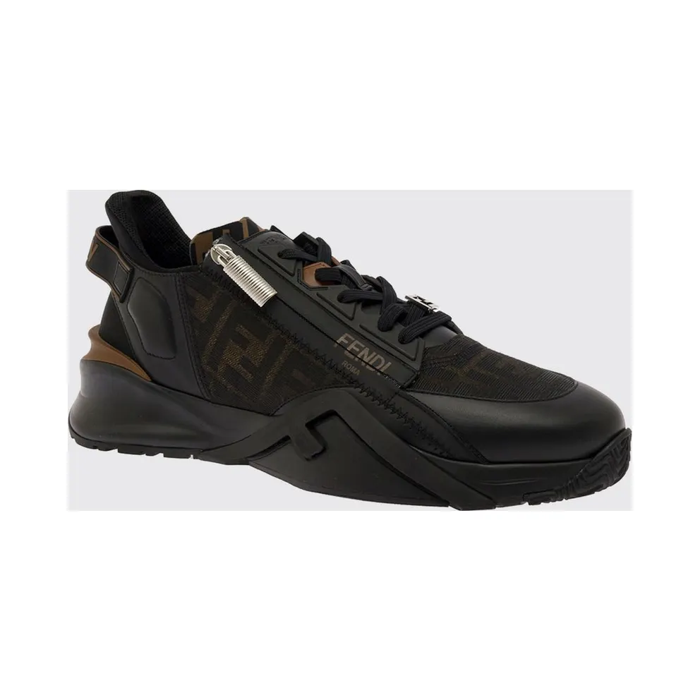 Fendi Flow Low-Top Technical Fabric Sneakers with FF Monogram and Side Zip Black (7E1392AQ69F1C38)