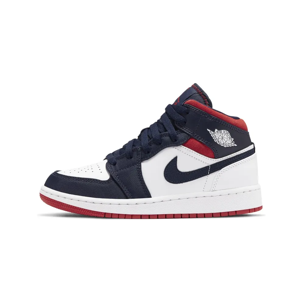 Jordan 1 Mid SE USA (GS) White/Varsity Red-Midnight Navy (BQ6931-104)