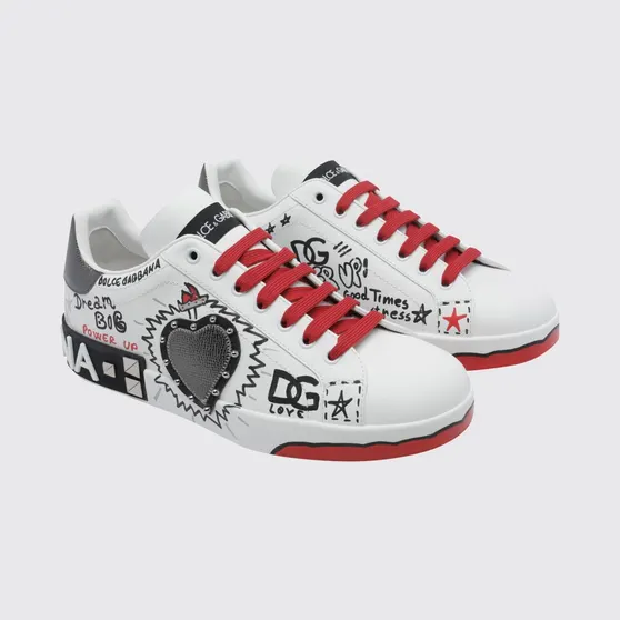 Dolce & Gabbana Portofino Studded Calf Leather Sneakers with Lettering Logo White 1 (CS2466A0986HS6GJ)