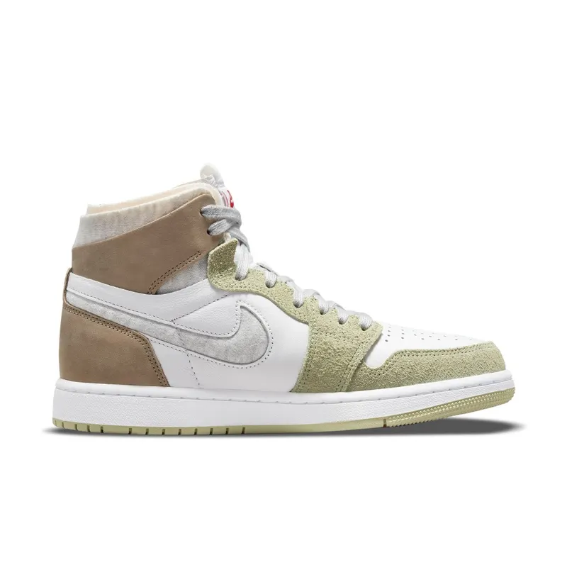 Jordan 1 High Zoom CMFT Olive Aura (W) – “White / Grey Heather-olive Aura-khaki” (CT0979-102)