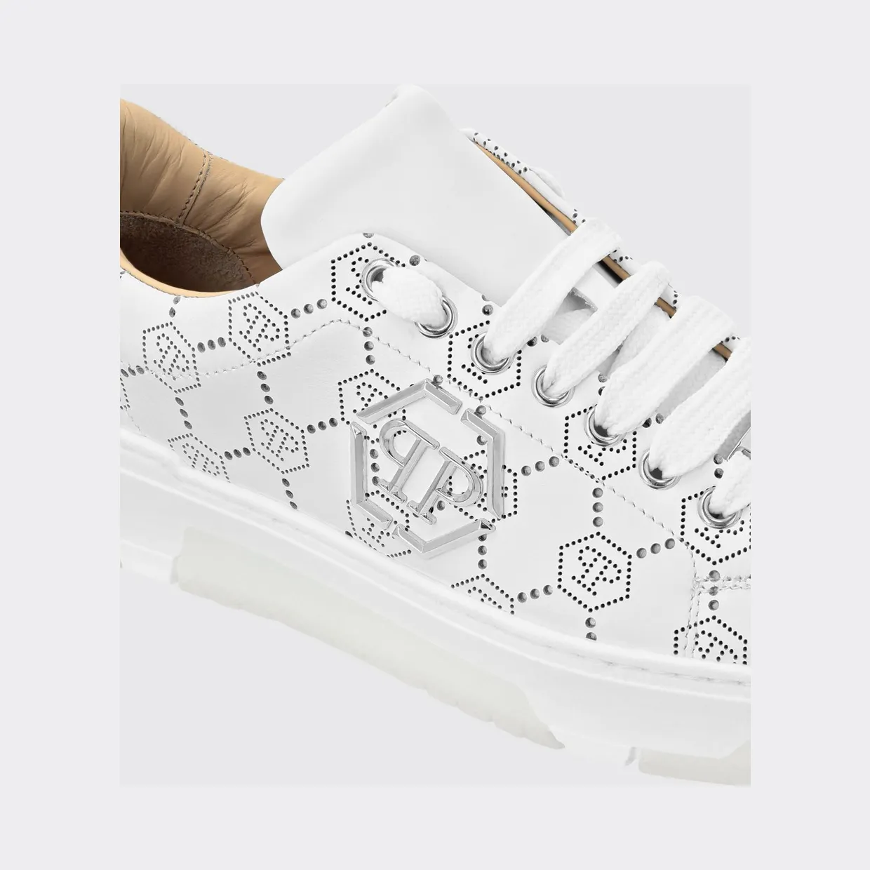 Philipp plein Low-Top Leather Sneakers with Rhinestone Hexagon Logo White (PAESUSC0770PLE010N01) (3)