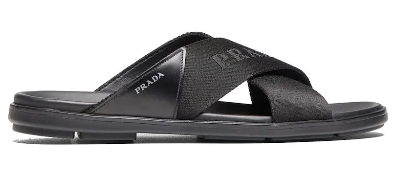 Prada Nylon Tape Crisscross Slides Black Leather (2X3032_3L74_F0002)