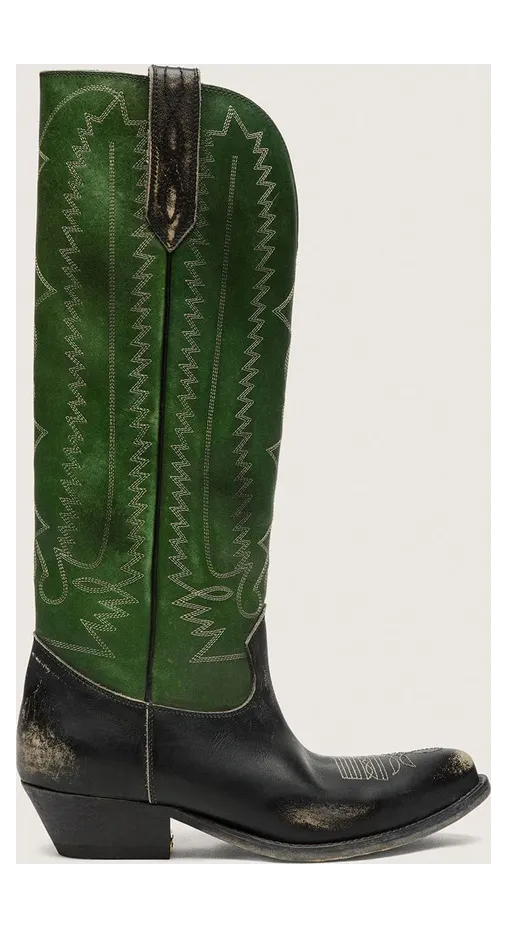 Golden Goose High Wish Star Boots In Black Leather With Green Leather Leg And White Embroidery (GWF01053.F008200.35684)