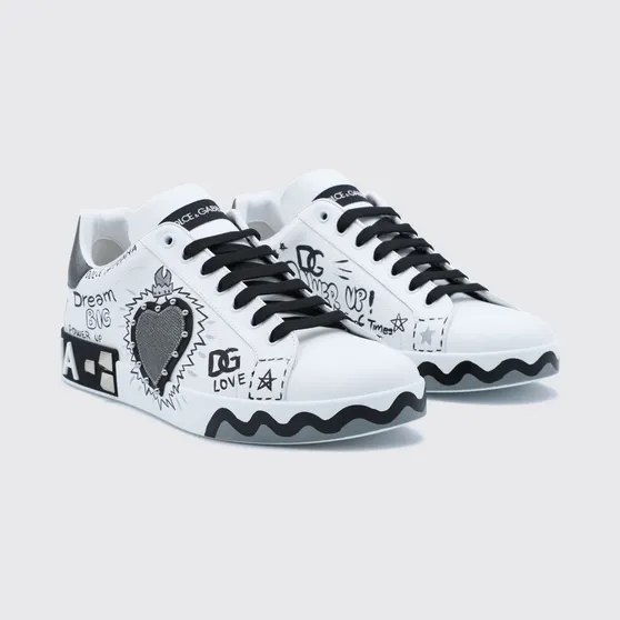 Dolce & Gabbana Portofino Studded Calf Leather Sneakers with Lettering Logo White (CS2466A0986HN6GJ)