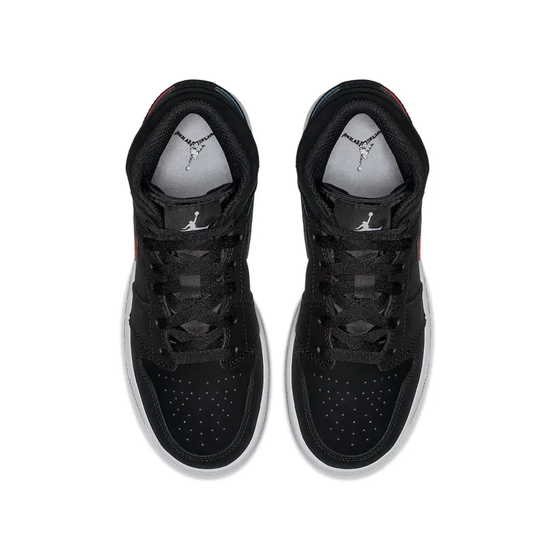 Jordan 1 Mid Multi-Color Swoosh Black (GS) Black/Varsity Red-Varsity Royal-White-Cement Grey (554725-065)