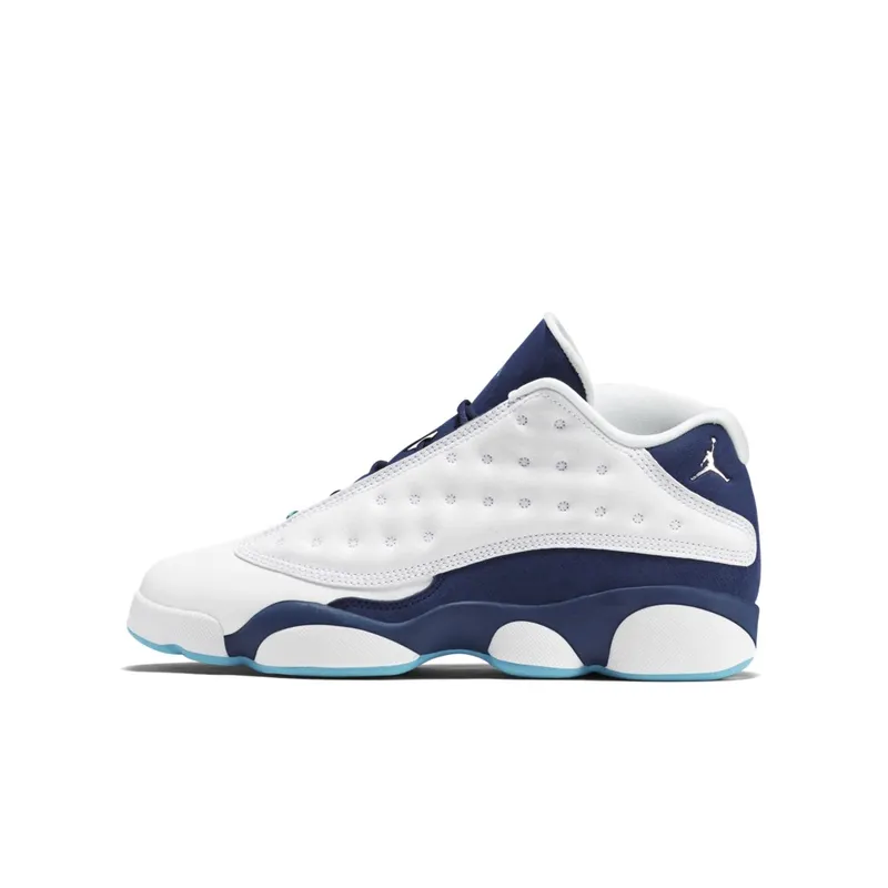 Jordan 13 Retro Low Hornets (GS) White/Metallic Silver-Midnight Navy-Turquoise Blue (310811-107)