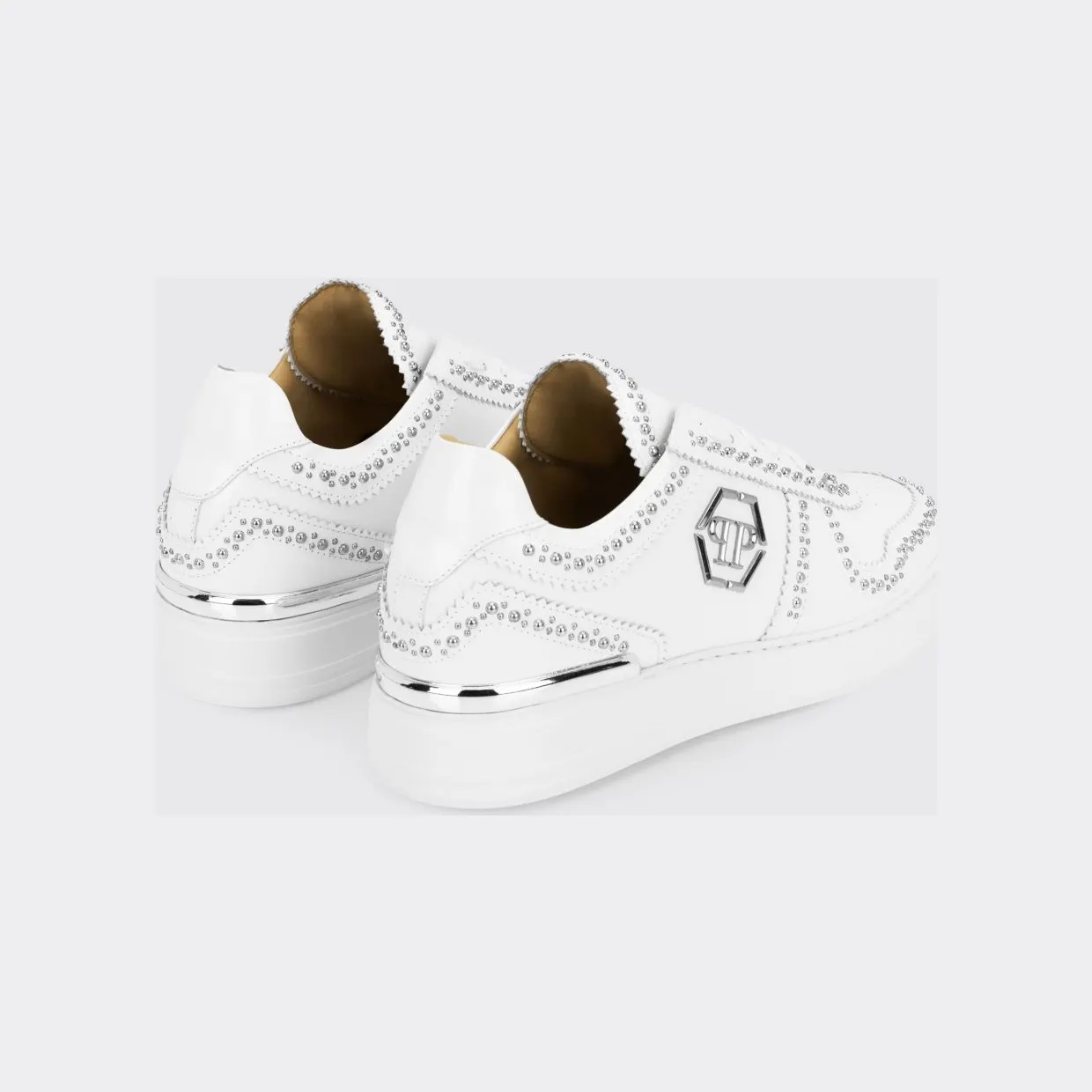 Philipp plein Brushed Leather Low-Top Sneakers with Embroidered Monogram White (FADSMSC3980PLE010N01) (2)
