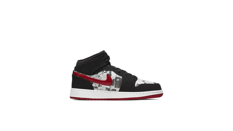 Jordan 1 Mid Newspaper Air Times (GS) Black/Gym Red-White (BQ6931-061)