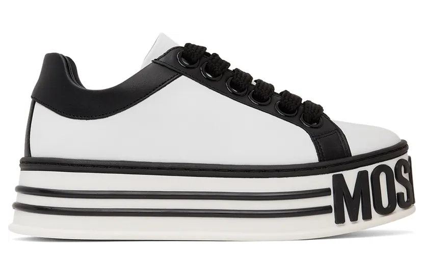 Moschino White & Black Leather Logo Platform Sneakers (MA15045G1D MF2)