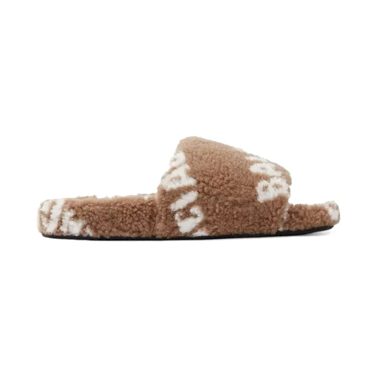 Balenciaga Furry Slide Allover Logo Light Brown White (654261 W1NA1 3020)