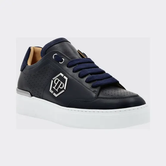 Philipp plein Leather Low-Top Sneakers with Monogram Pattern and Applied Hexagon Logo Blue (SADSUSC0538PLE022N14)