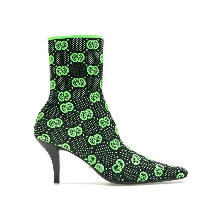 Gucci GG 75mm Knit Ankle Boots Black Fluorescent Yellow Fabric (718378 FAAQP 1004)
