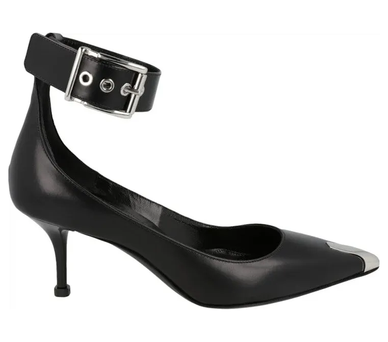 Alexander McQueen Buckle Leather Heels Black Silver (709995 WHSWD 1081)