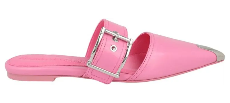 Alexander McQueen Buckle Leather Mules Sugar Pink Silver (733188 WHSWD 5482)