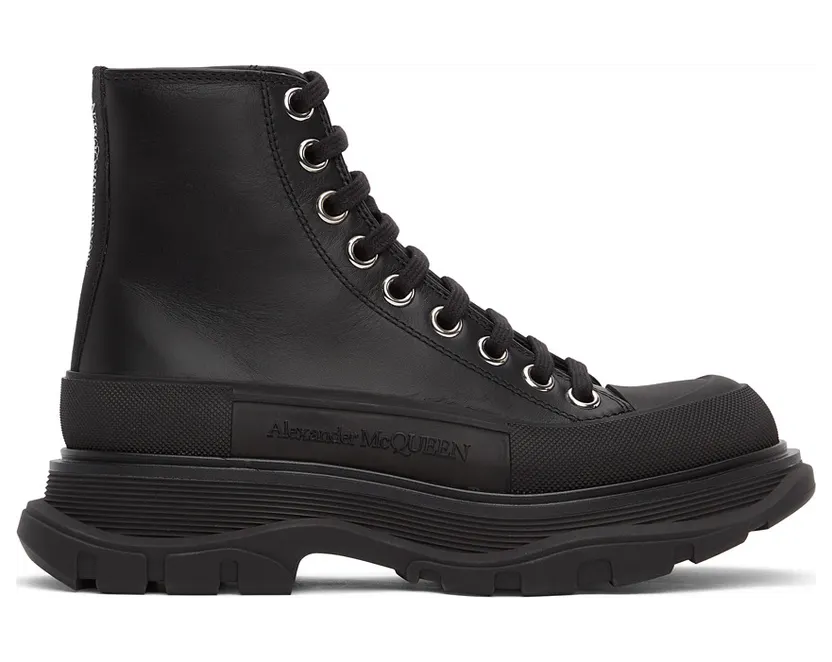 Alexander McQueen Taupe and Black Leather Tread Slick High Sneakers (633900WHZ62)