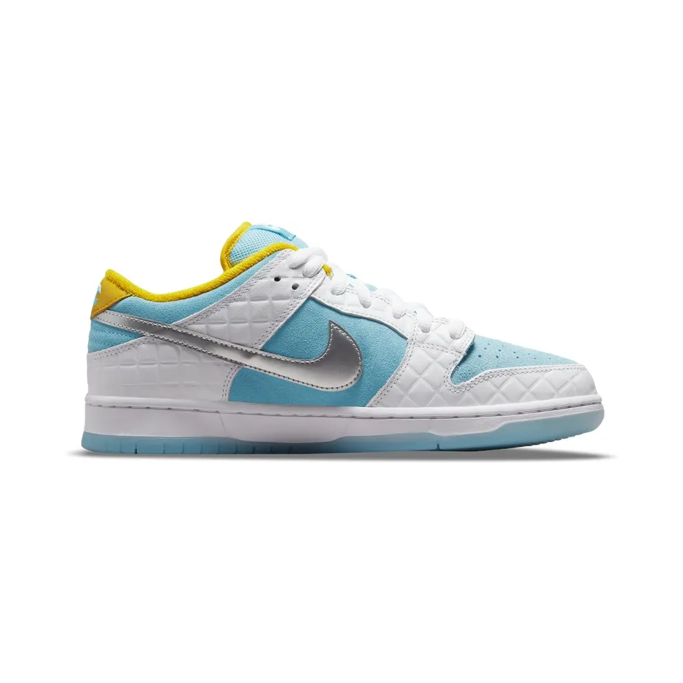 Nike x FTC SB Dunk Low (2021) – “White / Lagoon Pulse-metallic Silver-speed Yellow” (DH7687-400)