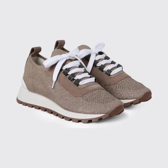 Brunello cucinelli Cotton and Lurex Knit Sneakers Brown (MZ35G2490C9447)