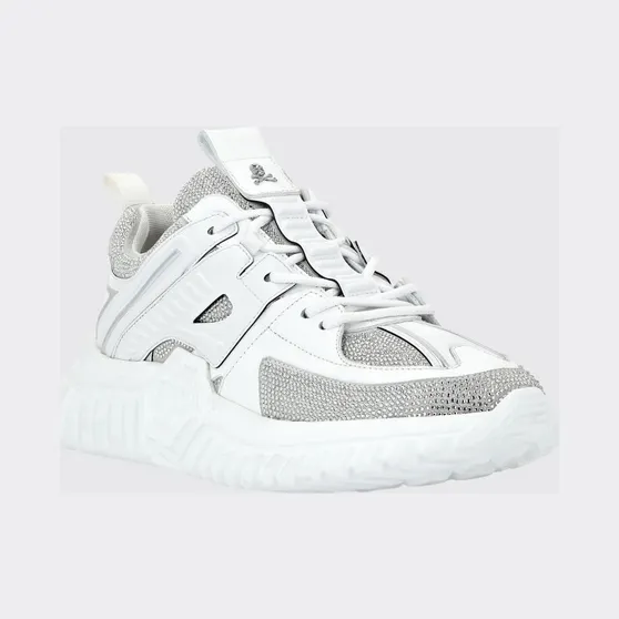 Philipp plein Leather Low-Top Sneakers with Rhinestones and Hexagon Logo White (PACSUSC0463PLE075N01)