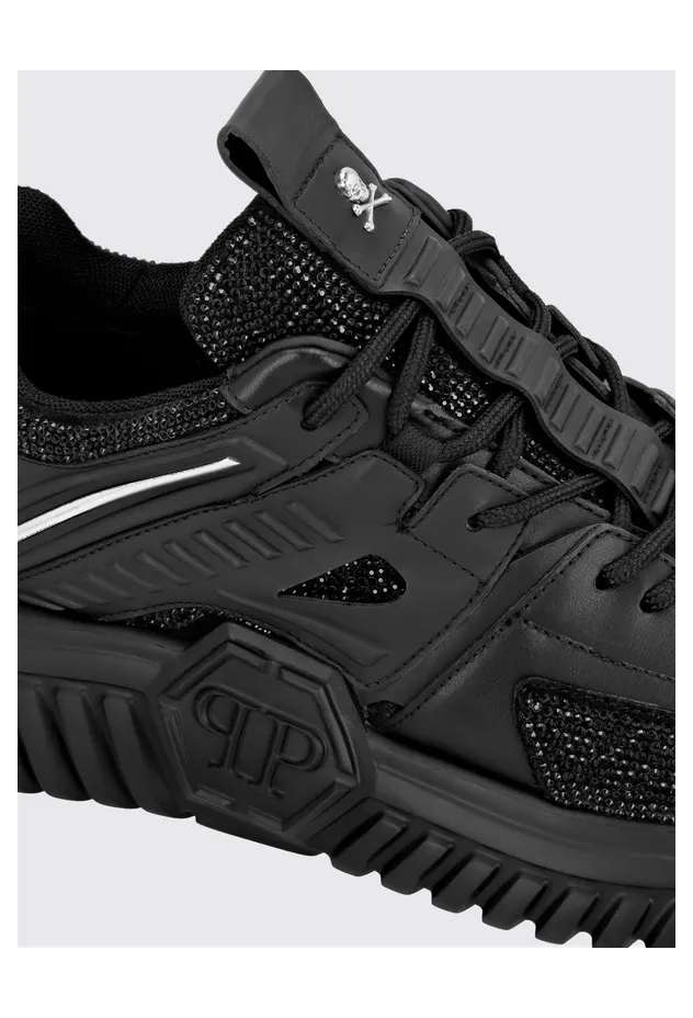 Philipp plein Leather Low-Top Sneakers with Rhinestones and Hexagon Logo Black (PACSUSC0463PLE075N02) (2)