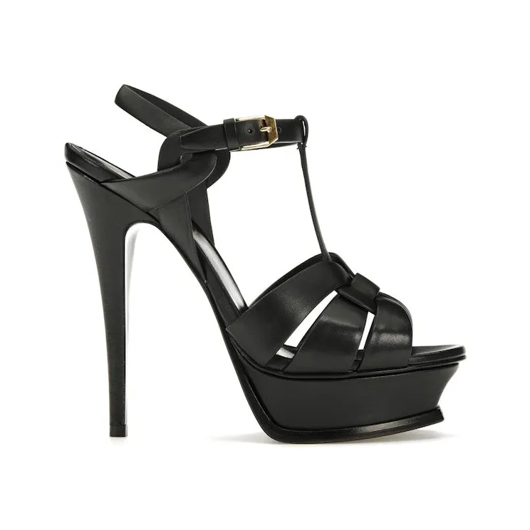 Saint Laurent Tribute Platform Sandal Heels Black Leather (315487BDA001000)