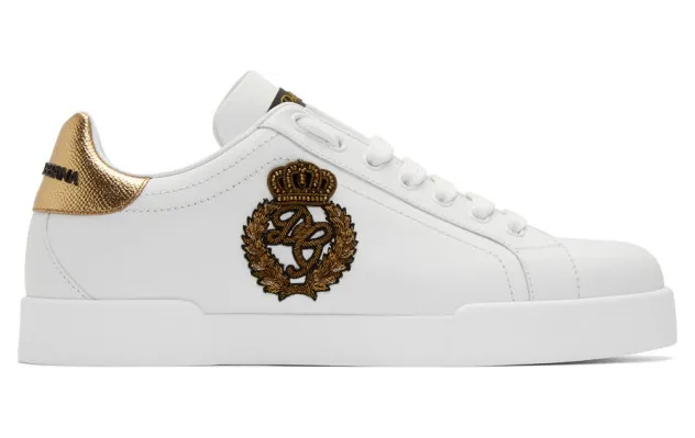 Dolce and Gabbana White and Gold Crest Portofino Sneakers (CS1761 AH136)