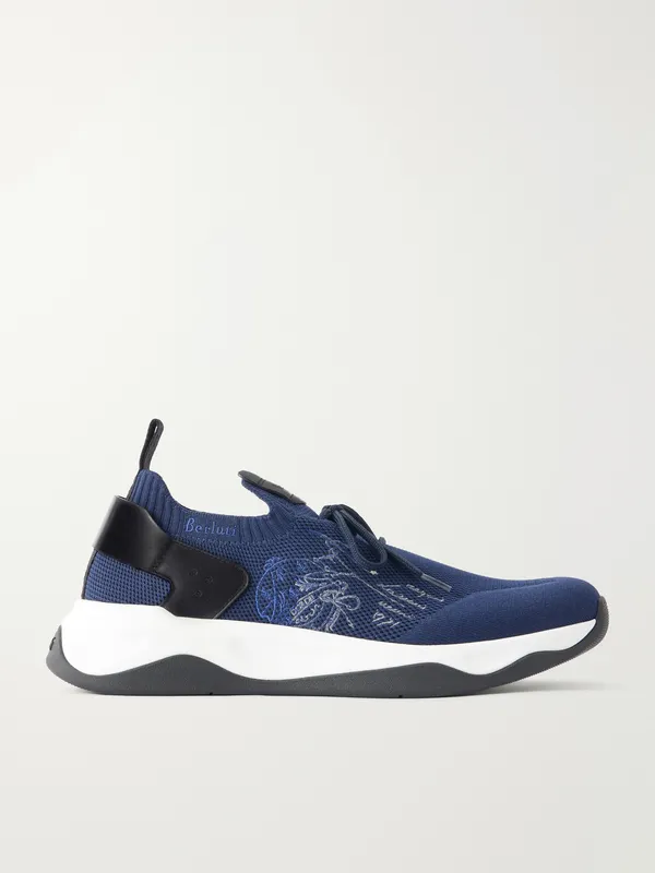 Berluti Shadow Logo-Embroidered Leather-Trimmed Stretch-Knit Navy (S6610-010)