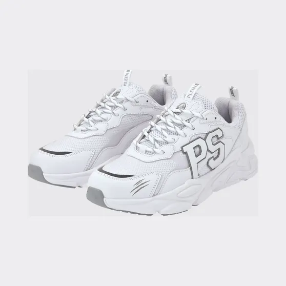 Plein Sport Low-Top Sneakers in Leather and Mesh with Contrast Monogram White (SADSUSC0611STE003N0103)