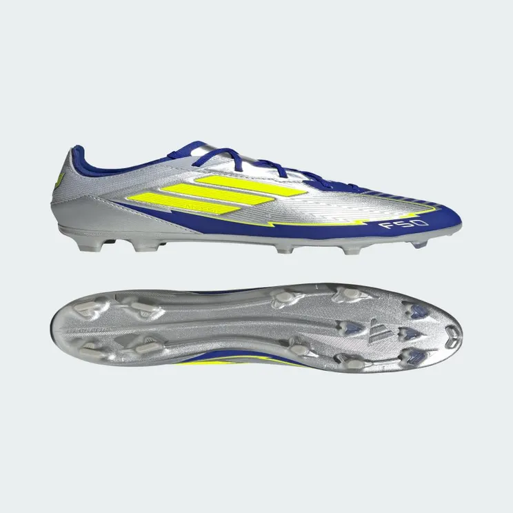 adidas F50 Elite Messi Firm Ground Boots Kids “Silver Metallic / Solar Yellow / Lucid Blue” (IH0921)