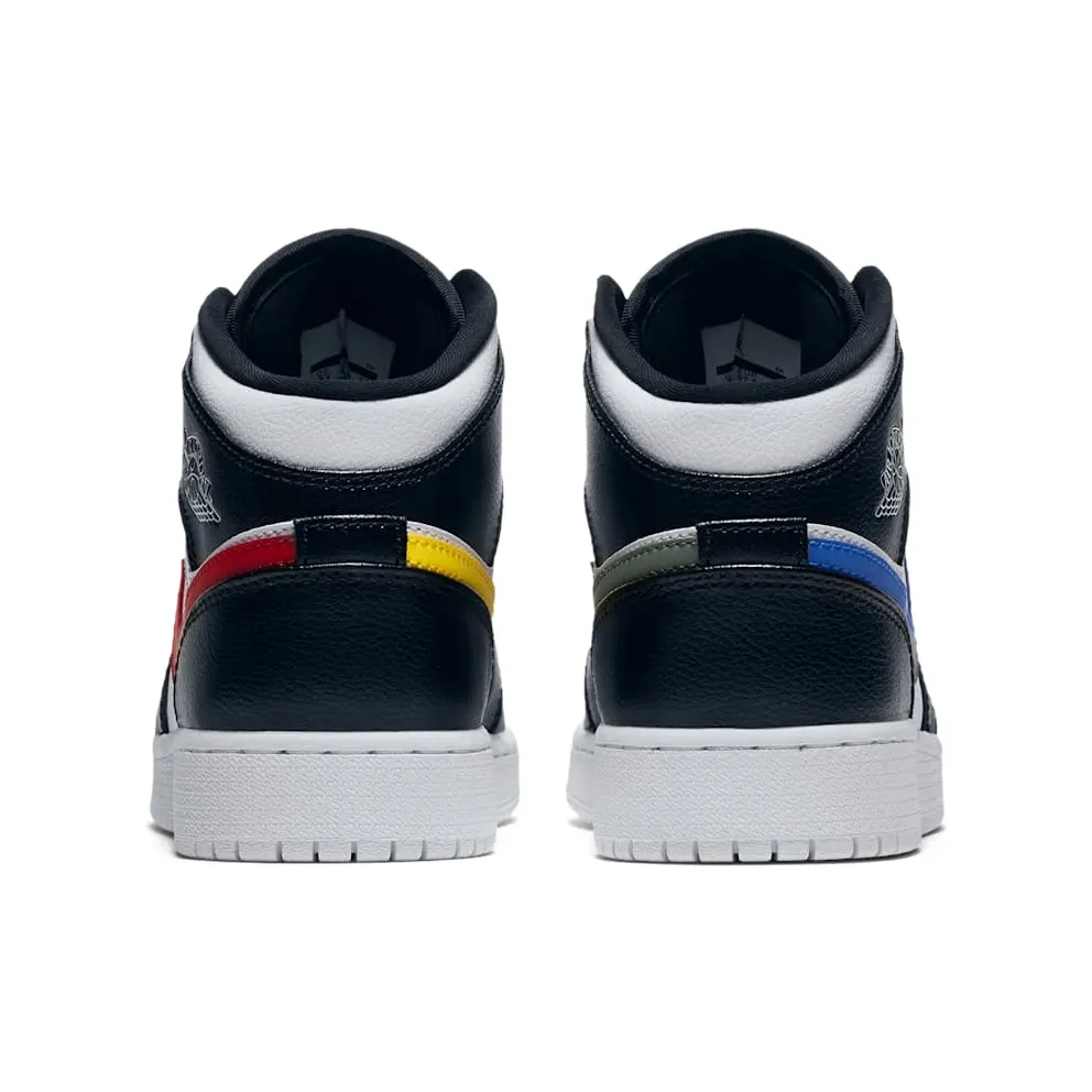 Jordan 1 Mid Multi-Color Swoosh (GS) Black/White-University Red-Tour Yellow (554725-052)