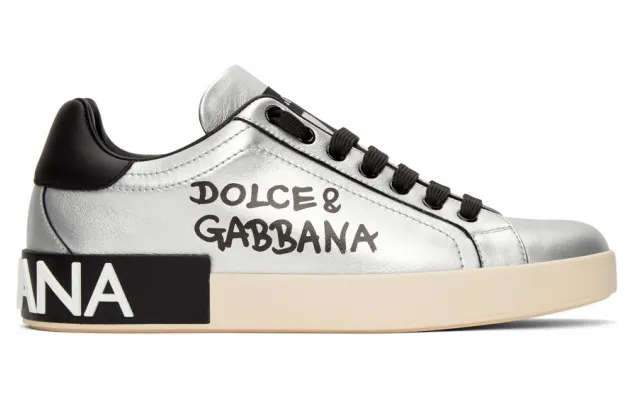 Dolce and Gabbana Silver and Black Writing Portofino Sneakers (CS1772 AW151)