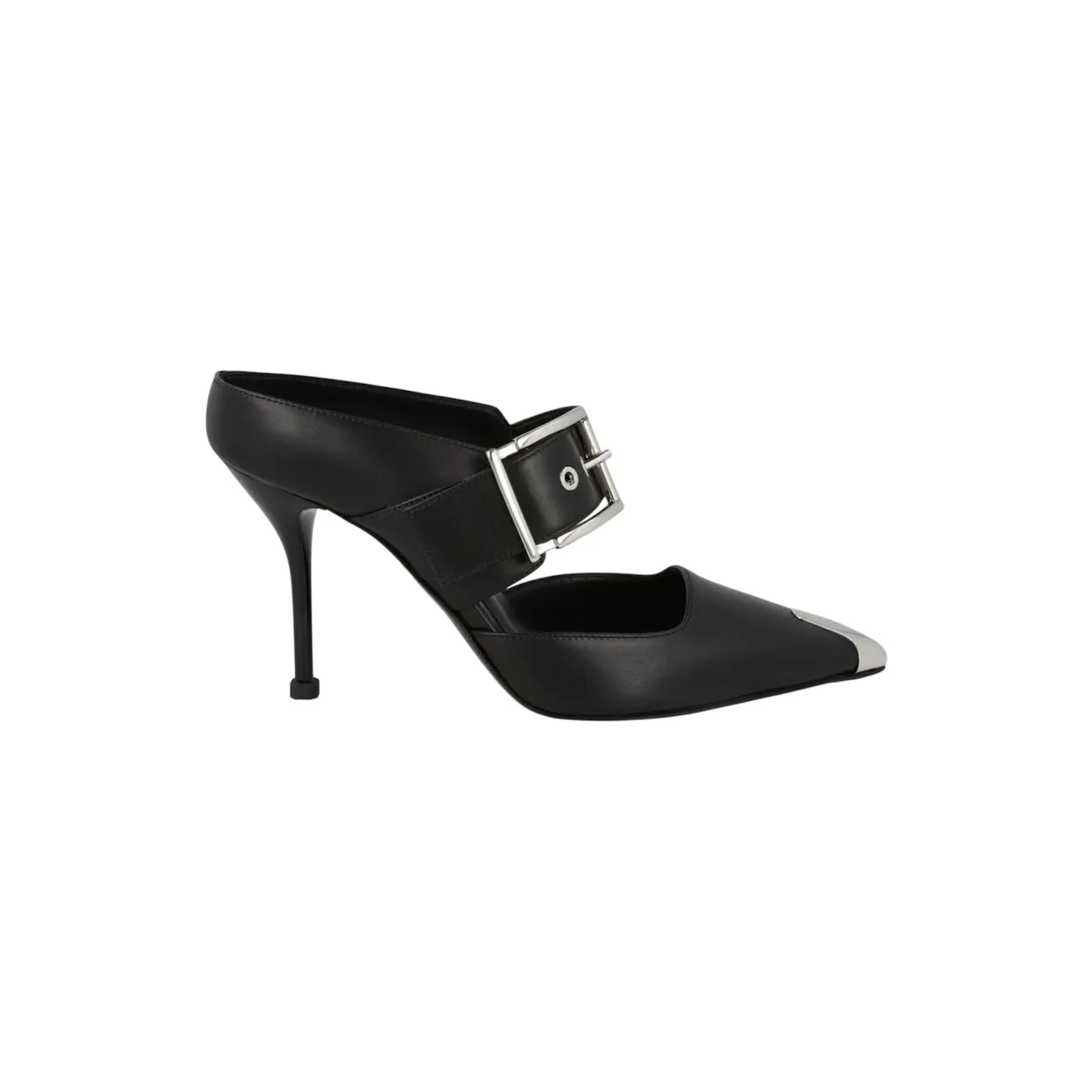Alexander McQueen Buckle Leather Mules Black Silver (757513 WIEA1 1081)