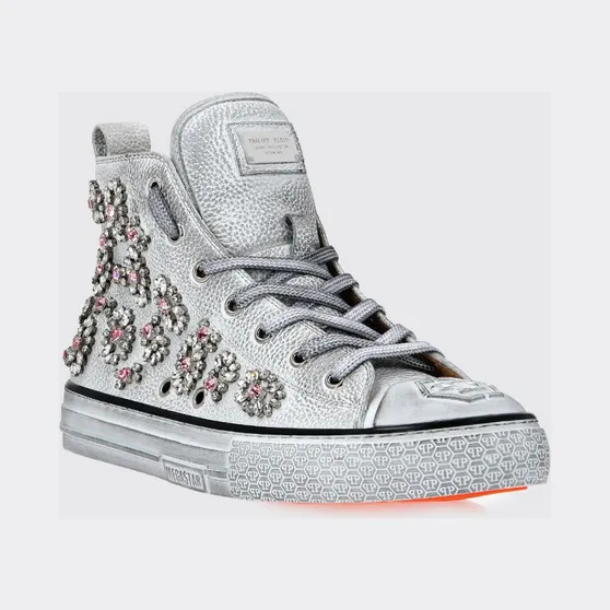 Philipp plein Grained Leather High-Top Sneakers with Rhinestones and Hexagon Logo White (FAASWSC2177PLE010N01)