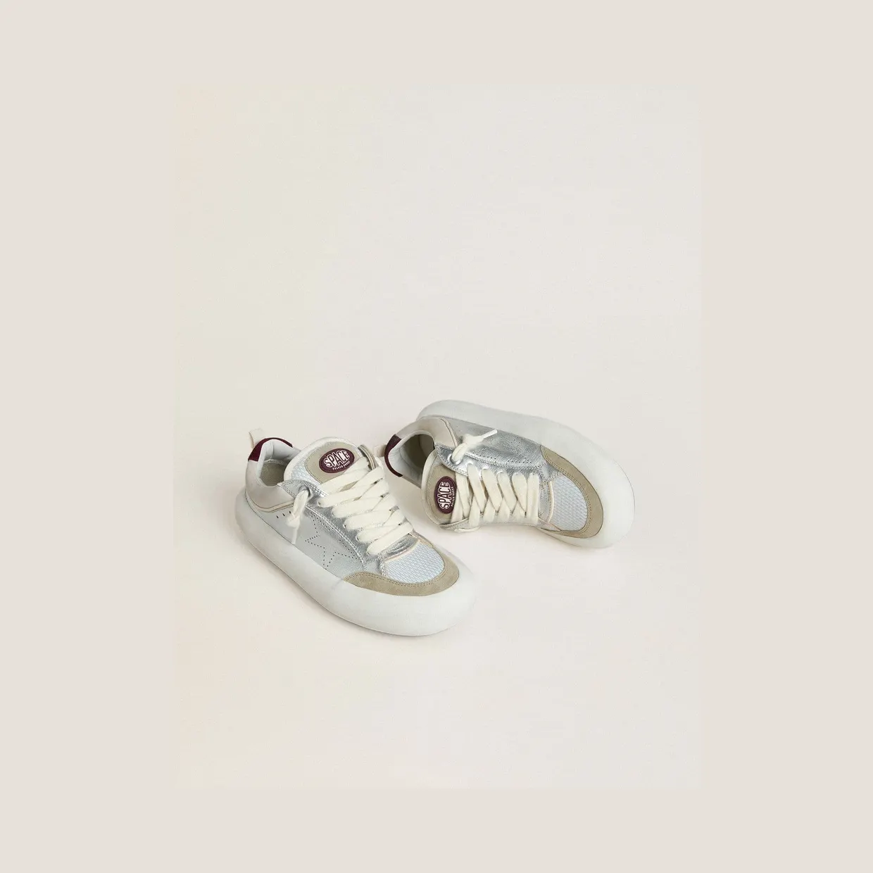 Golden Goose Women’S Space-Star Cube In Ice-Gray And Silver Leather With Burgundy Heel Tab (GWF00807.F007976.70341) (2)