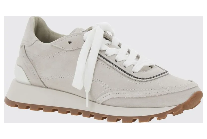 Brunello cucinelli Suede Calfskin Low-Top Trainers with Monili Grey (MZSFG3318PC9593)