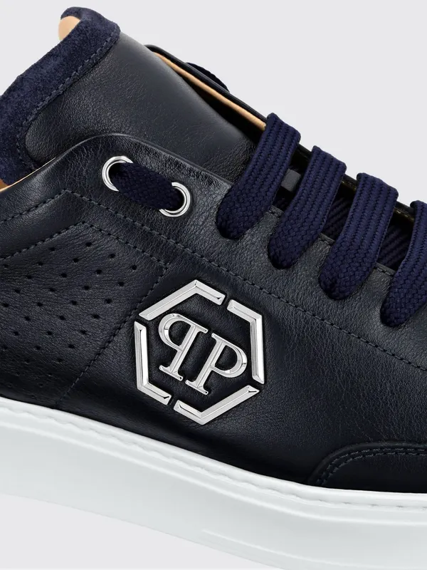 Philipp plein Leather Low-Top Sneakers with Monogram Pattern and Applied Hexagon Logo Blue (SADSUSC0538PLE022N14) (2)