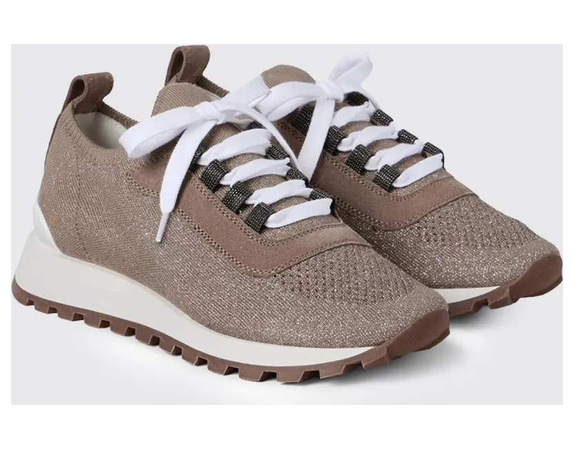 Brunello cucinelli Cotton and Lurex Knit Sneakers Brown (MZ35G2490C9447)