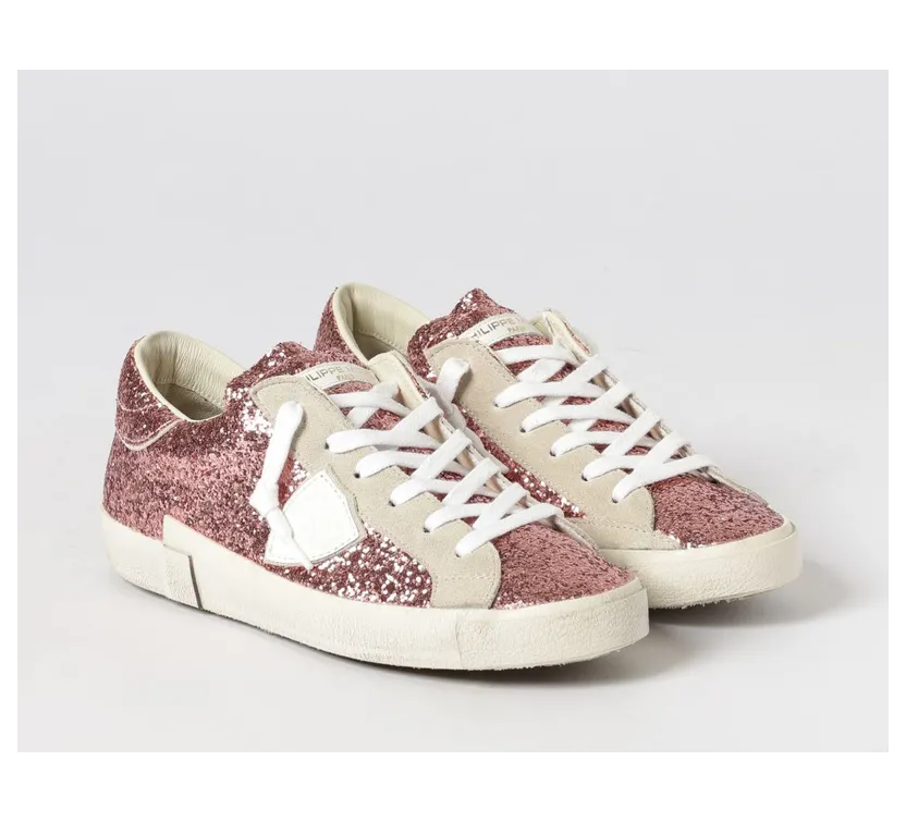 Philippe Model Low-Top Sneakers in Leather and Fabric with Glitter and Embroidery Pink (PRLDGG06)