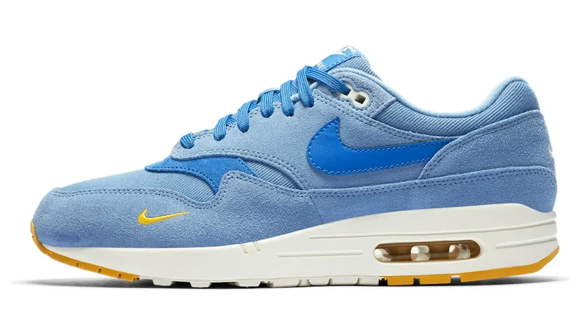 Nike Air Max 1 Mini Swoosh “Work Blue / Yellow Ochre / Sail / Mountain Blue” (875844-404)