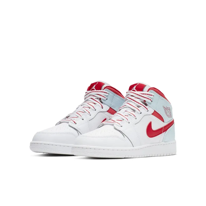 Jordan 1 Mid White Topaz Mist (GS) White/University Red-Topaz Mist-Ember Glow (555112-104)