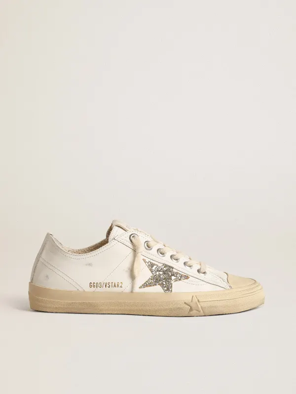 Golden Goose V-Star In White Leather With A Platinum Glitter Star (GWF00129.F004565.10847)