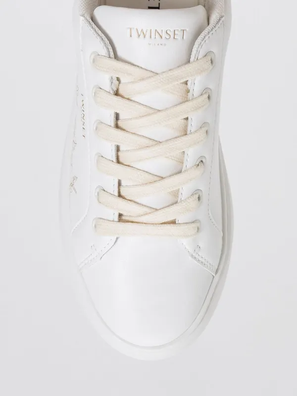 Twinset Low Top Smooth Leather with Floral Details and Lettering Logo White (261TGT12413543)