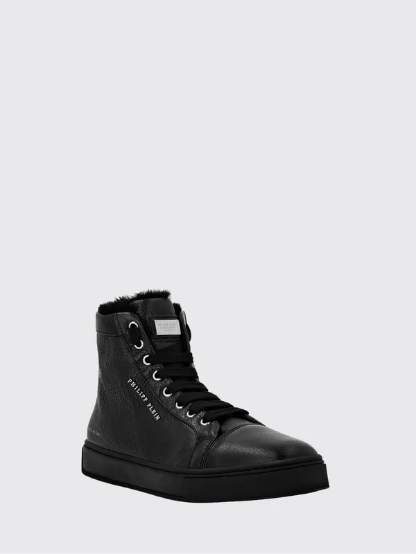 Philipp plein High-Top Grained Leather Sneakers with Shearling Lining Black (LABSUSC0404PLE010N02)