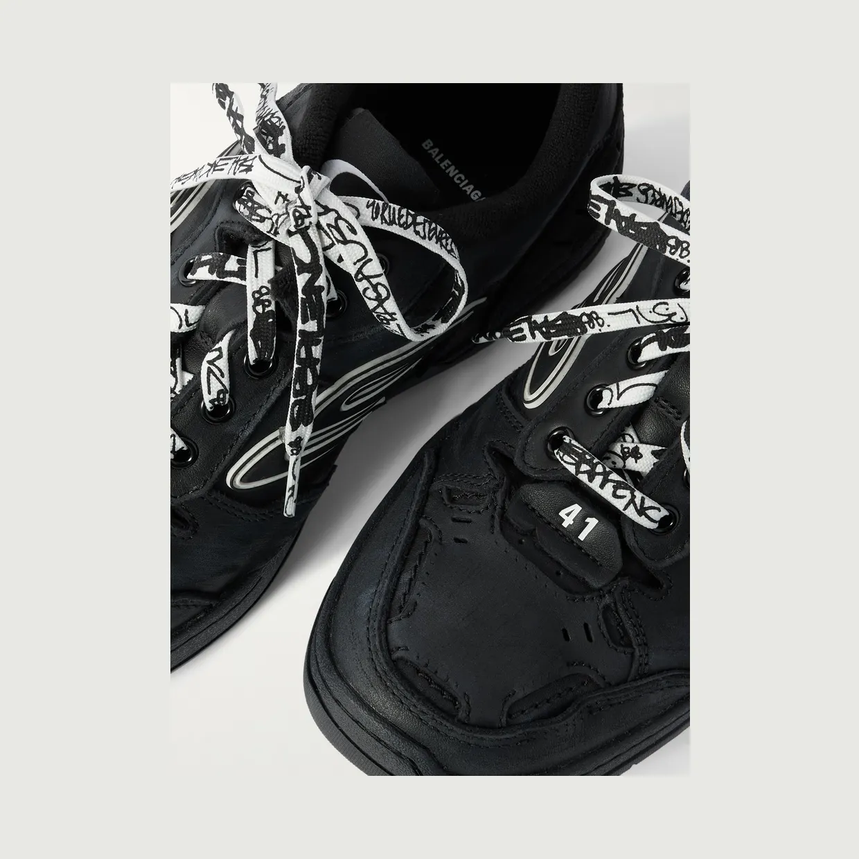 Balenciaga Hamptons Logo-Appliquéd Distressed Leather Sneakers Black (841765WCURB) (5)