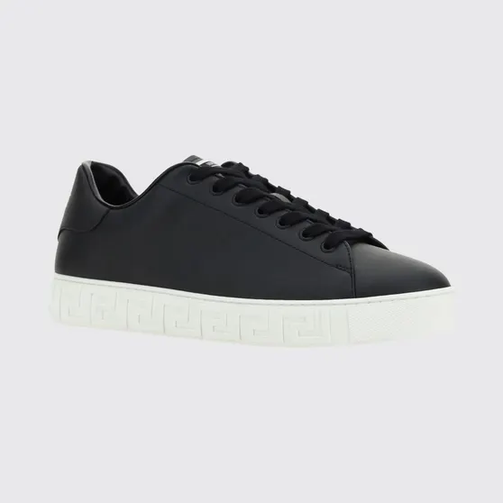 Versace Greca Smooth Calfskin Sneakers by with Lettering Logo Black (10144601A096081B000)