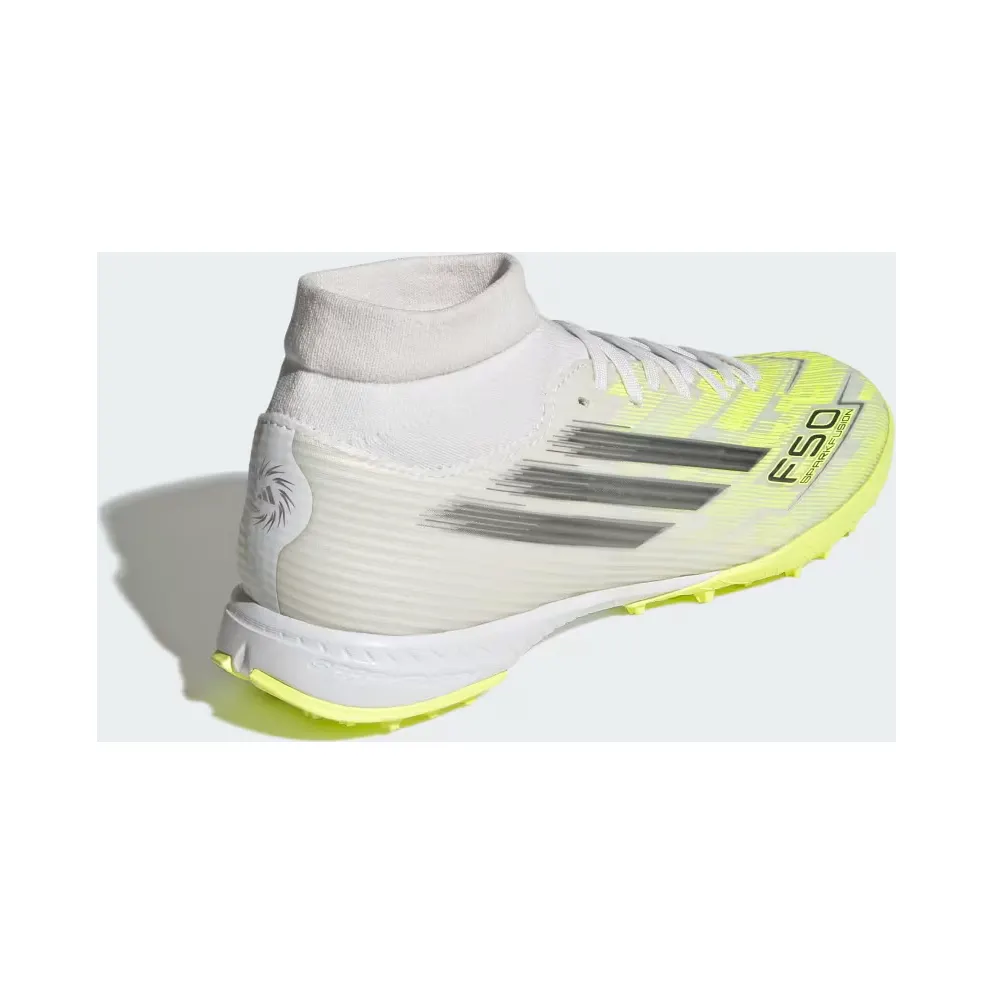 adidas F50 Sparkfusion League Mid Cut Turf Football Shoes Womens “Cloud White / Iron Metallic / Hi-Res Yellow” (JR9004)