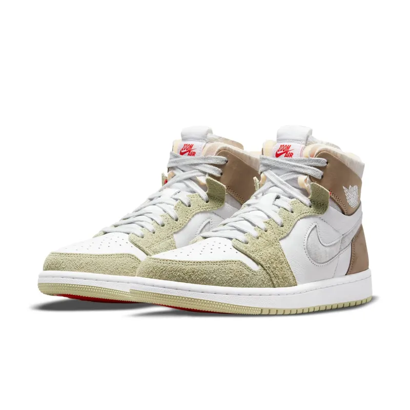 Jordan 1 High Zoom CMFT Olive Aura (W) – “White / Grey Heather-olive Aura-khaki” (CT0979-102)