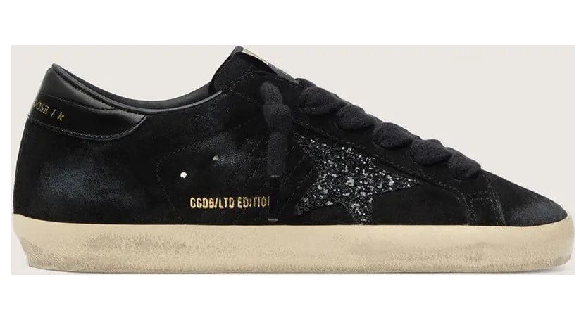 Golden Goose Super-Star Ltd In Black Suede With Black Glitter Star And Black Leather Heel Tab (GWF01002.F008304.90100)