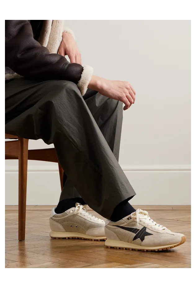 Golden Goose Marathon Distressed Suede-Trimmed Printed Mesh Sneakers Beige (GMF00683.F007840) (2)