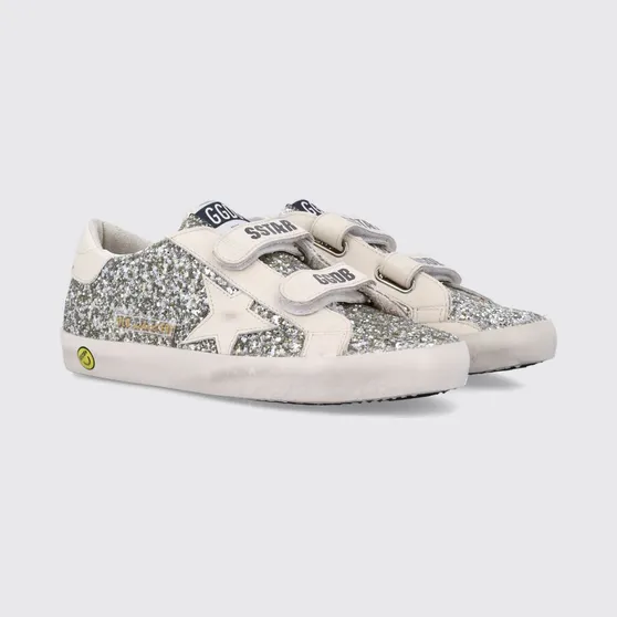 Golden goose Kid’s Old School Trainers in Leather and Glitter Mesh with Hook-and-Loop Closure Platinum (GTF00111F00531465195)